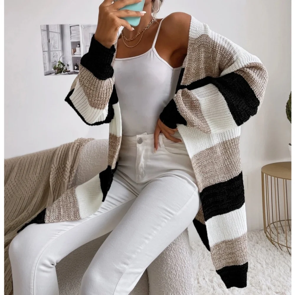 Colorblock Stripes Open Knit Cardigan Knee Length - Picture 1 of 8